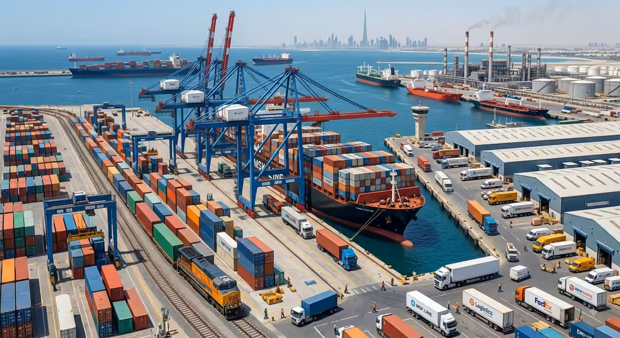 Marine terminal with cranes and cargo — supporting multiple sectors
